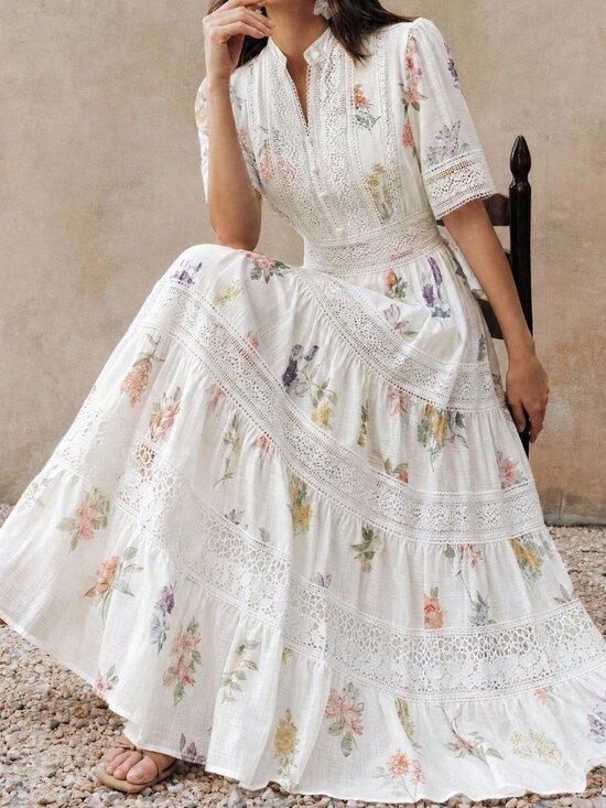 Dresses & Skirts - White Boho Women's Floral Print Waist-Cinched Flared Dress
